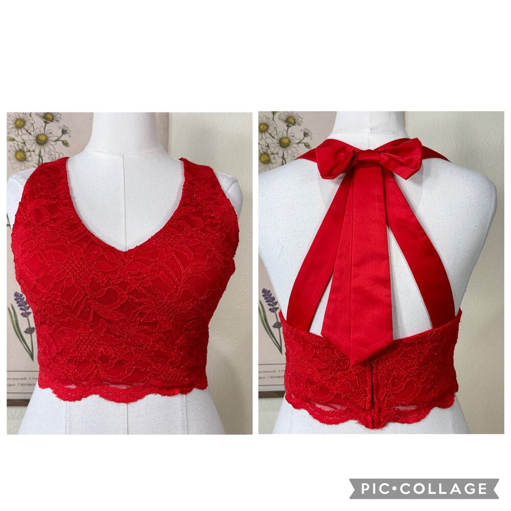 Y2k Red Lace Glitter Bow Back Crop Formal Top Romantic Sexy Hoco Vampire L XL 15